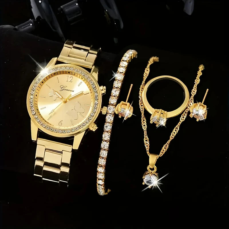 ✨ Coffret Montre Femme – Chaîne Dorée + Bracelet & Bague Assortis