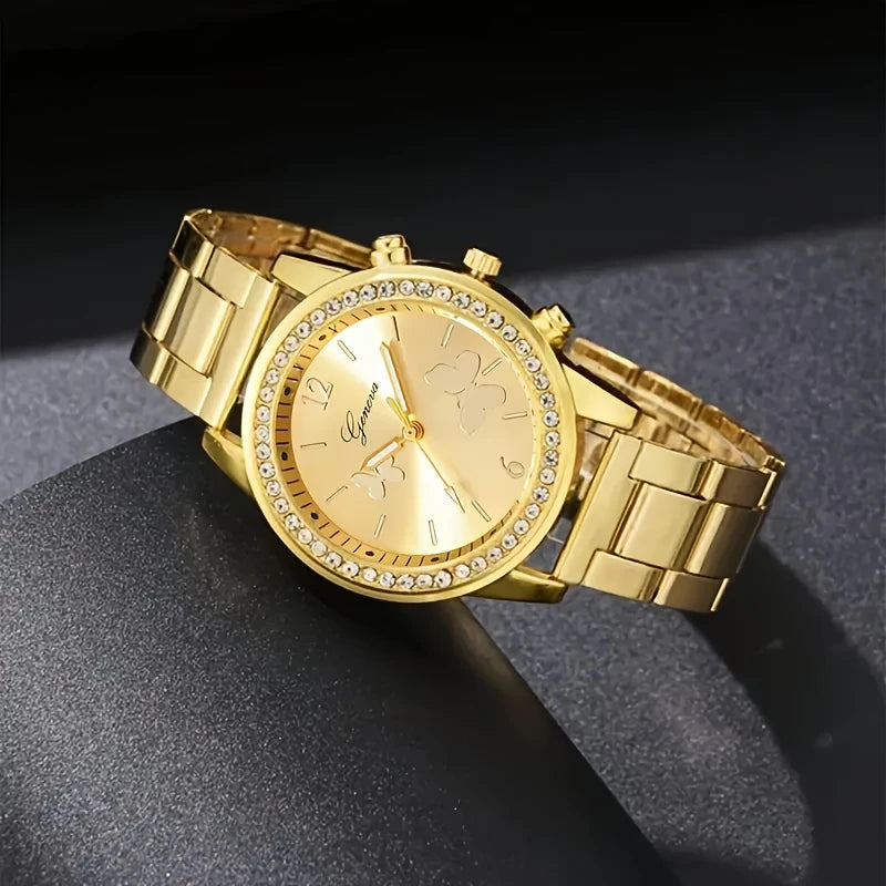 ✨ Coffret Montre Femme – Chaîne Dorée + Bracelet & Bague Assortis