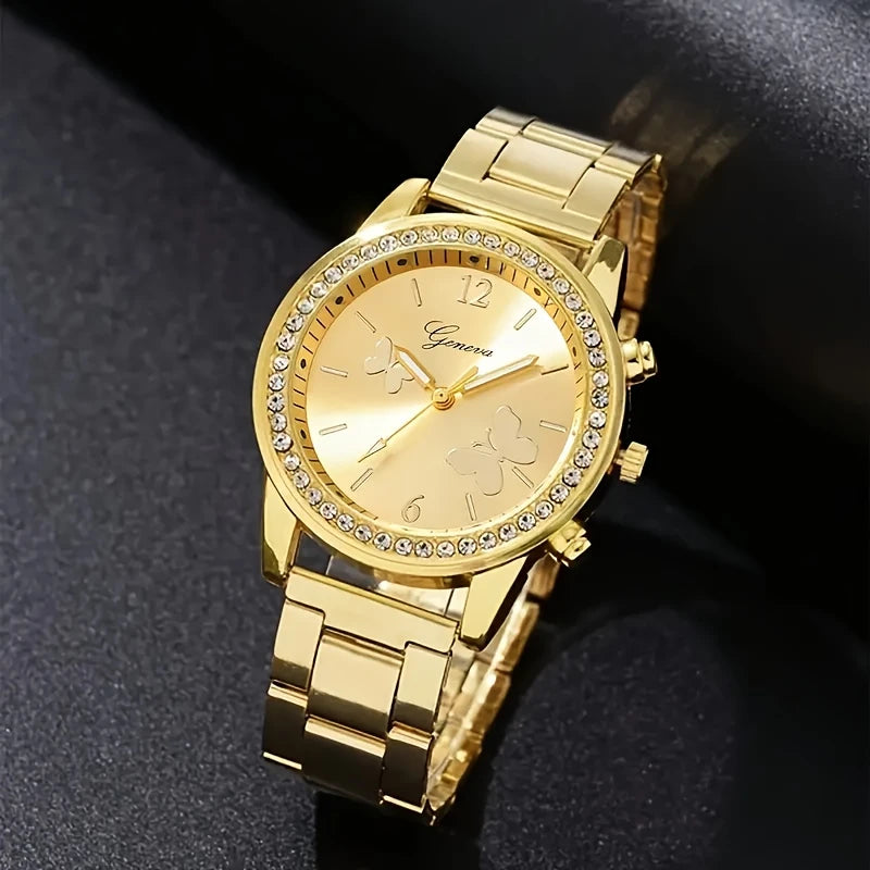 ✨ Coffret Montre Femme – Chaîne Dorée + Bracelet & Bague Assortis